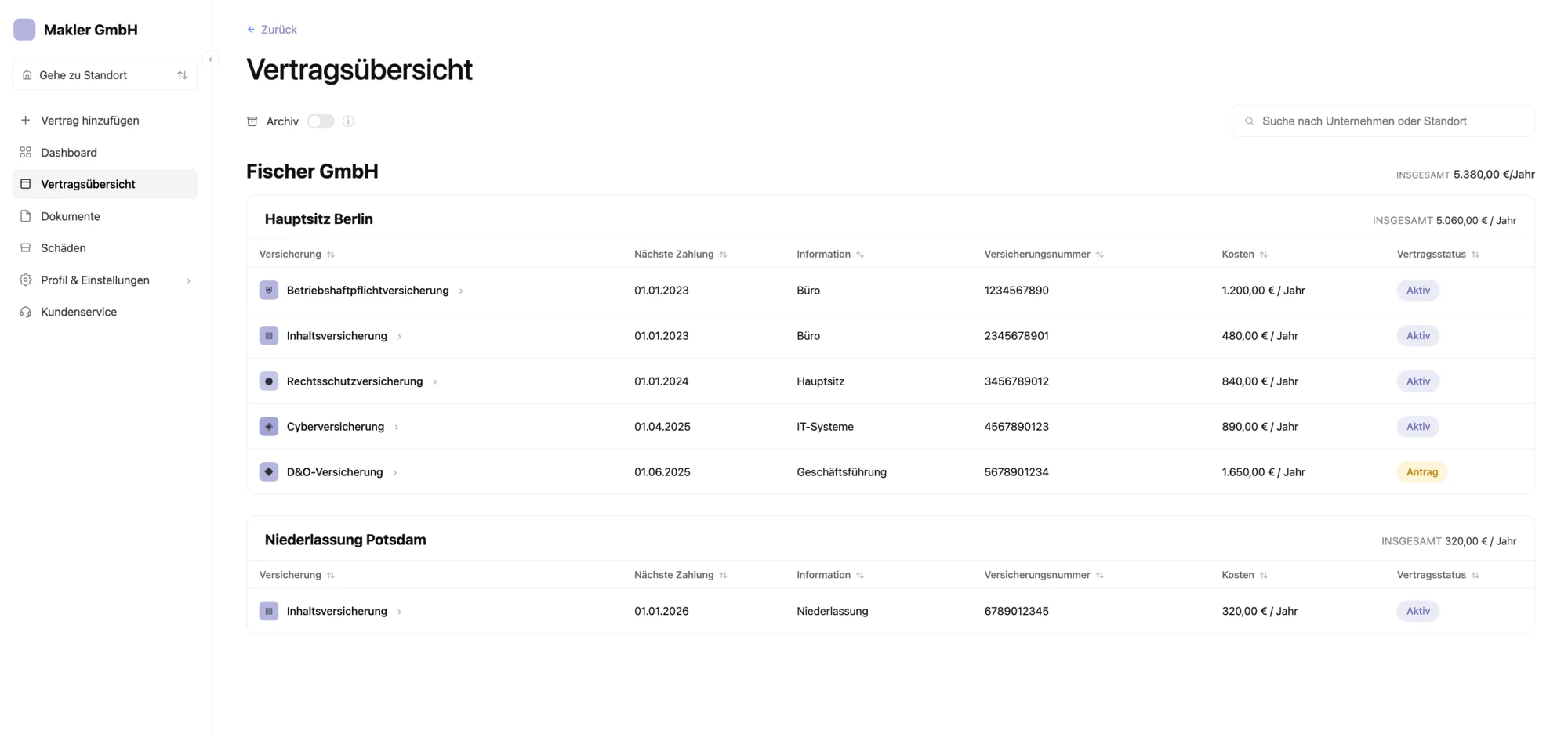 Gebrandetes Kundenportal mit Vertragsübersicht