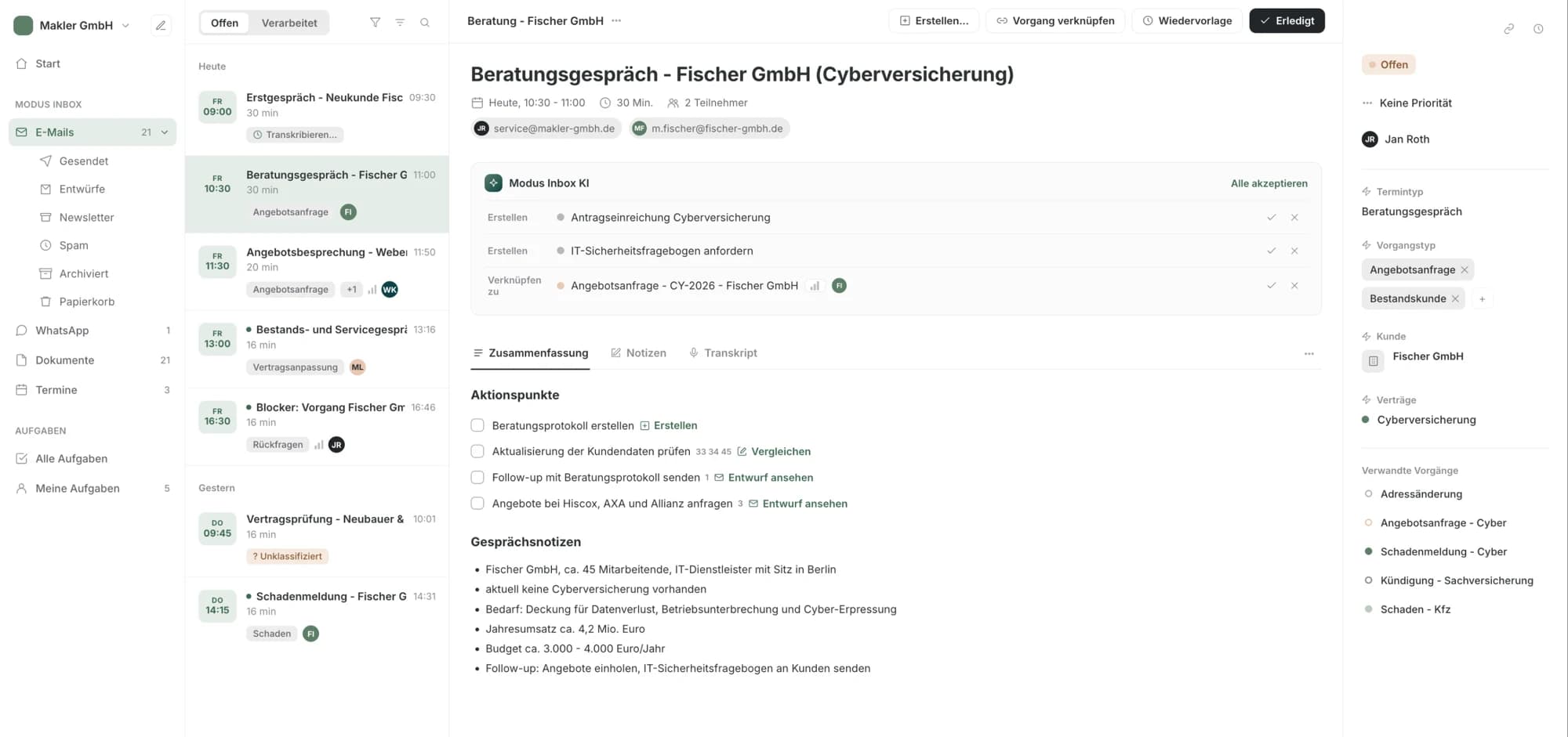 Modus Inbox aus Maklersicht - zentrale Inbox mit Vorgängen und KI-Aktionen